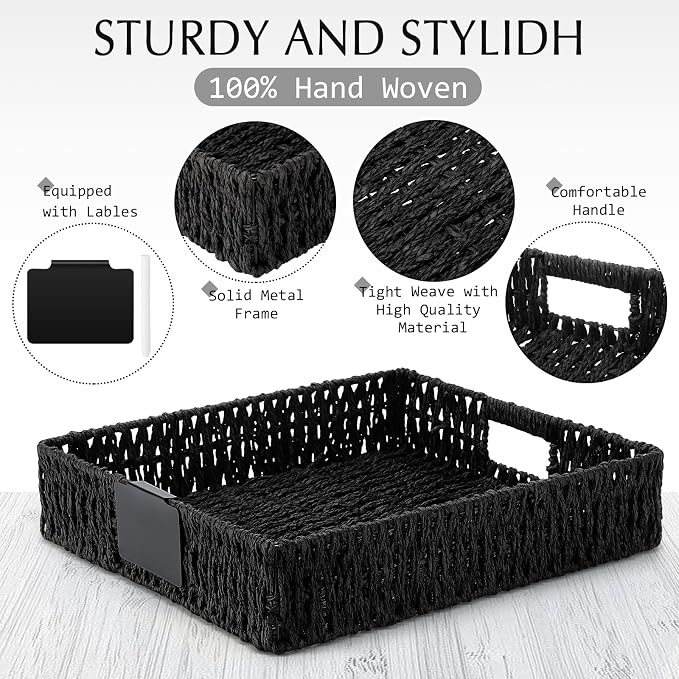 Marsui 9 Pcs Paper Rope Storage Baskets with Handle Labels Handwoven Multi-size Black Storage Bins for Organizing Small Baskets Container for Shelves Closet Pantry Toilet - Image 3