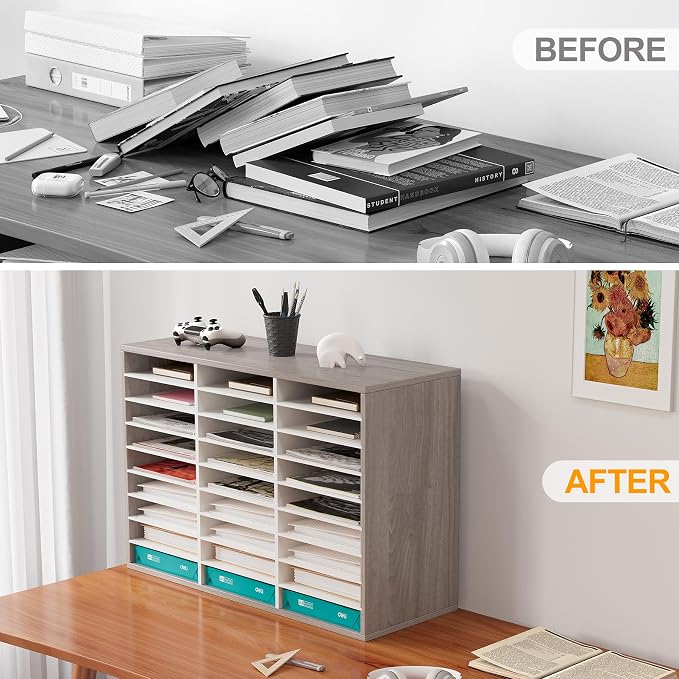 EasyPAG 27 Compartments Wooden Literature Organizer with Adjustable Shelves, 13500 Sheets Capacity Paper Organizer, Classroom Mailbox and Mail Sorter for Teachers and Office, Retro Gray/White - Image 4