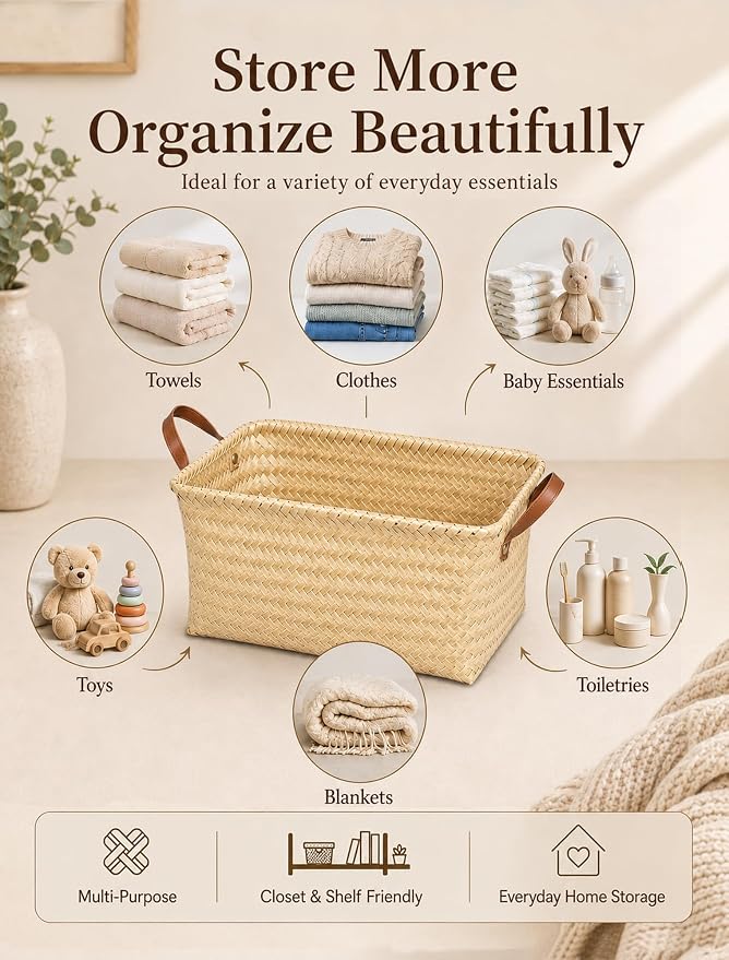 Wicker Storage Baskets, 4 Pack Woven Baskets for Shelves, Yellow | PP Rattan, Water-resistant Wicker Basket, Large Baskets with Faux Leather Handles for Blanket, Laundry Organizer, Room Decor - Image 4