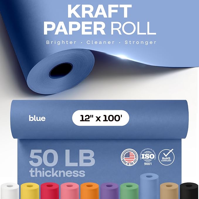 12" x 1200" (100 feet) Blue Kraft Paper Roll - USA-Made Quality Craft Paper for Gift Wrapping, Kids' Arts & Crafts, School Projects - 100% Recycled Natural Material 50lb Thickness by IDL Packaging - Image 4