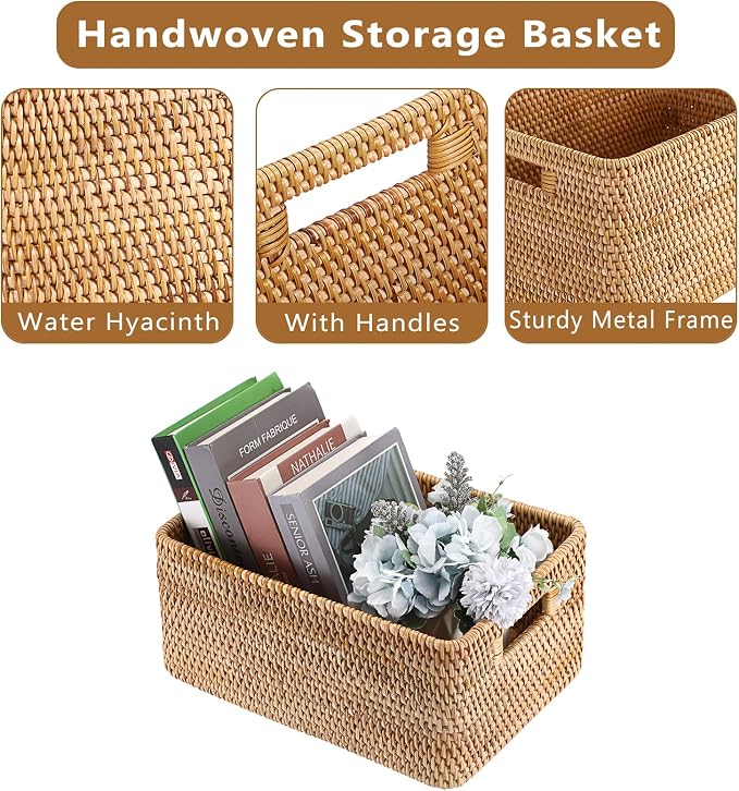 Hipiwe Rattan Wicker Basket for Shelf Organizer Natural Basket with Handles | Handwoven Open Storage Bin Rectangular Closet Organizer Bin Multipurpose Storage Box, 13.8" x 9.8" x 6.3" - Image 6