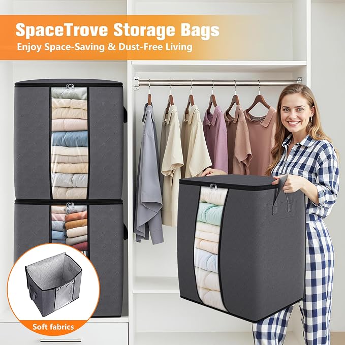 SpaceTrove Clothes Storage Bags, 4-Pack Comforter Blanket Organizers, 80L Large Capacity Containers with Visual Window for Clothing, Quilt, Sheet, Pillow, Closet Organization for Bedding (Grey) - Image 6
