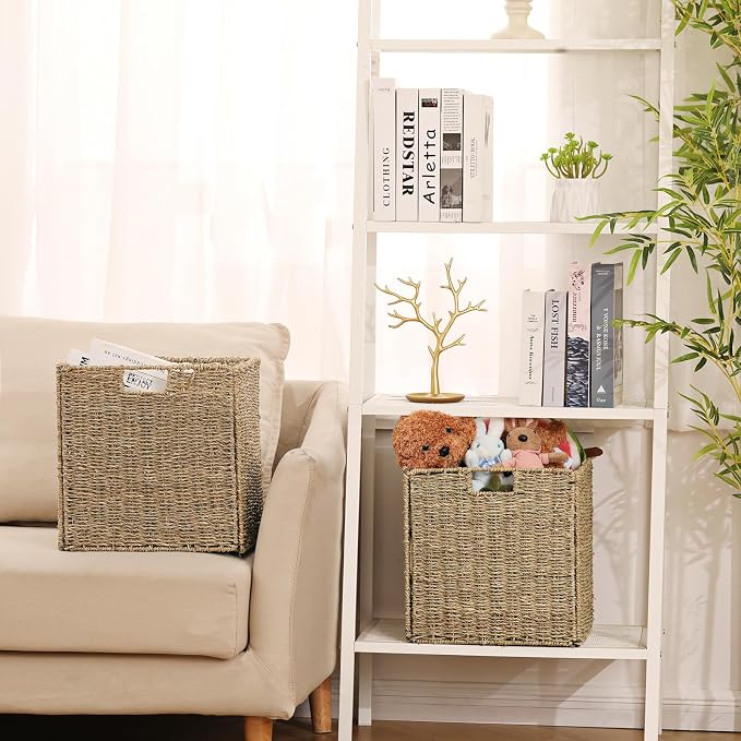 Wicker Storage Basket, Set of 2 Seagrass Storage Baskets, 13 Inch Foldable Wicker Basket Square Cube Storage Bins Storage Baskets for Organizing Shelf Baskets, 13''x13''x13'' - Image 5