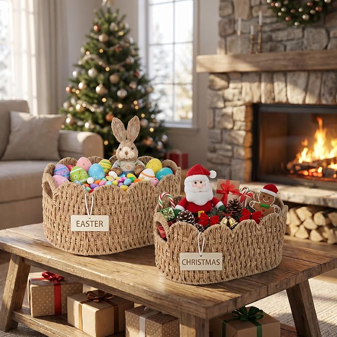iEGrow Paper Rope Scalloped Basket, Set of 2 Woven Storage Wicker Baskets with Handle for Organizing and Shelves, Cute Boho Oval Baby Baskets for Decor, Towel, Toys, Nursery, Book, Gift Natural - Image 8