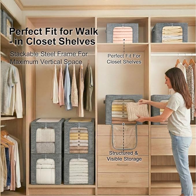 GoMaihe Baby Clothes Storage Bins with Metal Frame 27L 3-Pack Grey | Kids Toddler Child Clothing & Towels Small Items, Closet Top Shelf Boxes, Collapse-Proof Stackable, Clear Window Dual Access - Image 7