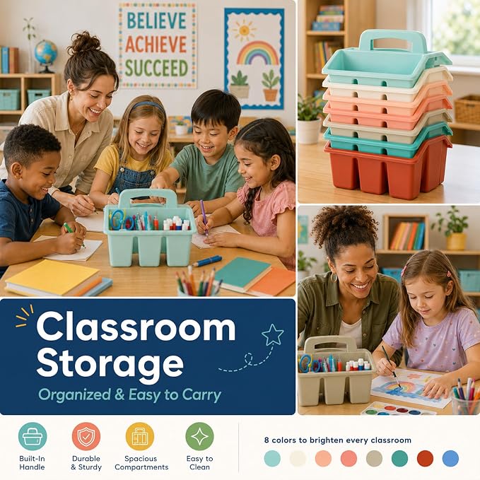 8 Pack Classroom Caddy Storage Basket with Handle 4 Compartment Storage Caddy Plastic Arts Crafts Caddies Protable Classroom Craft Caddies for Kids Schools Art Craft Supplies(Boho) - Image 6