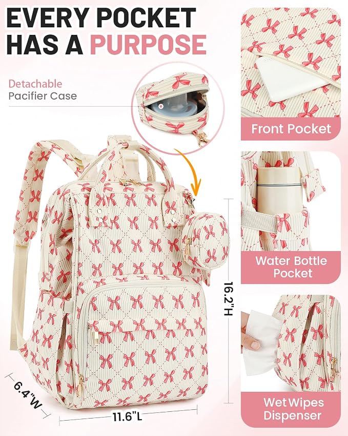 Corduroy Diaper Bag Backpack, Large Capacity Multifunction Baby Diaper Bags for Women, Insulated Bottle Pockets & Pacifier Case, Stylish Travel Nappy Changing Bags for Mom Dad (Bow Pink) - Image 5