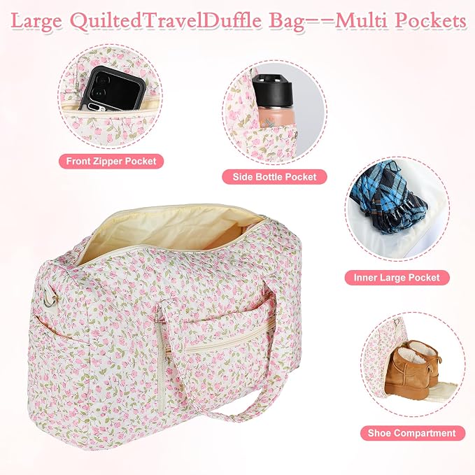 Quilted Floral Duffel Bag 2 Pack Weekender with Shoe Compartment | Women’s Overnight Hospital Bag for Labor Delivery, Travel Carry On Duffel with Toiletry Pouch for Gym & Weekend Getaway - Image 3