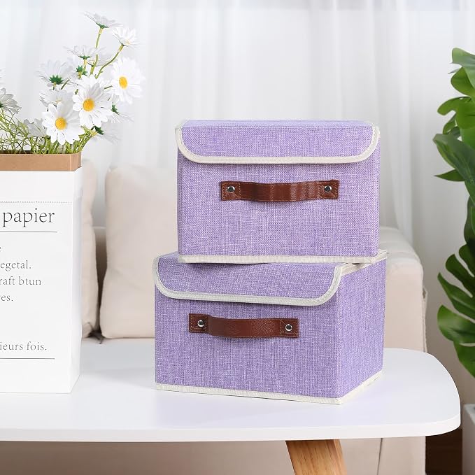 ANMINY Fabric Storage Box Bins with Lids, Purple, 13"x9"x7.9", 4 Pack | Keepsake Memory Storage, Cotton Linen, PP Board Reinforced, Washable, PU Handles, Foldable & Stackable, Decorative, Medium - Image 2