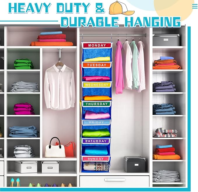 2 Pcs 7 Shelf Weekly Clothes Organizer for Kids Hanging Closet Organizer 11. 8 x 11. 8 x 50 Inches Daily Activity Kids Clothes Storage Drawers Cube Drawers Closet Hanging Shelves(Blue) - Image 6