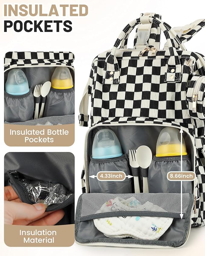Corduroy Diaper Bag Backpack, Large Capacity Multifunction Baby Diaper Bags for Women, Insulated Bottle Pockets & Pacifier Case, Stylish Travel Nappy Changing Bags for Mom Dad (Checkered Black) - Image 3