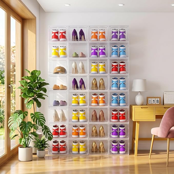 Large Clear Shoe Storage Boxes Stackable, 12 Pack Hard Plastic Shoe Storage Organizer with Magnetic Door, Shoe Container Sneaker Storage Display Case Fit up to US Size 12 Clear - Image 6
