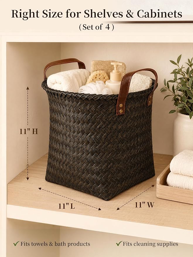 Wicker Storage Baskets, 4 Pack Woven Baskets for Shelves, Dark Gold | PP Rattan, Water-resistant Wicker Basket, Large Baskets with Faux Leather Handles for Blanket, Laundry Organizer, Room Decor - Image 2