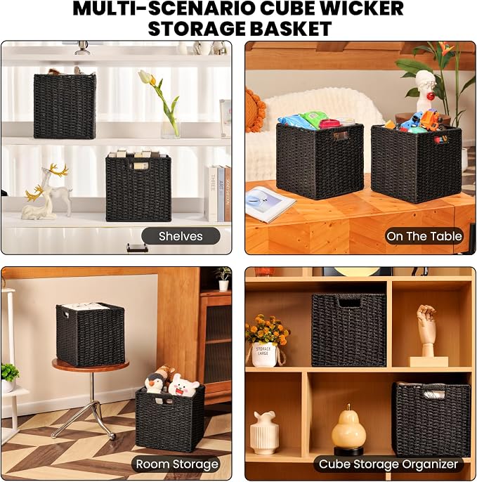 ICERZCZ Black Storage Bins, Wicker Storage Baskets for organizing, Paper Rope Woven Basket for Storage, 11 Inch Storage Cubes bin 11x11x11, 11"x10.25"x11", 2 Packs, Black - Image 5