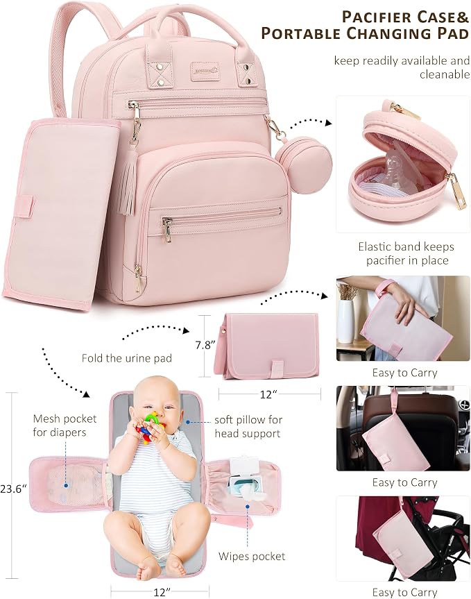 ROSEGIN Premium Vegan Leather Diaper Bag Backpack with Waterproof Changing Pad, Reinforced Zippers & Odor-Free, 20 Pockets Pro Organizer, Fits 15.6" Laptop, Stroller Straps, Baby Bag for Mom, Pink - Image 3