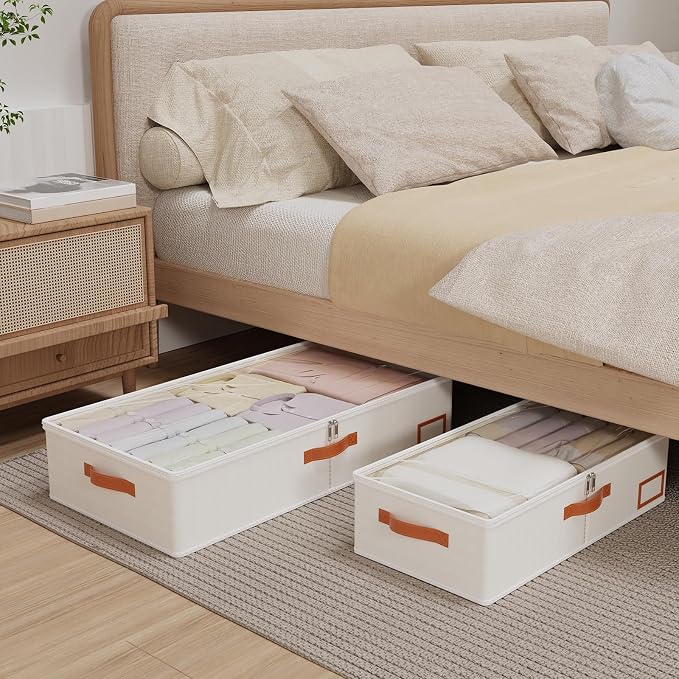 Yawinhe Pack of 2 Underbed Storage Bags, Foldable Clothes Storage with Clear Window, for Duvets, Clothes, 60 x 30 x 15 cm, Beige | Underbed storage bag with clear window, clothes storage with classification card slot, storage clothes - Image 3