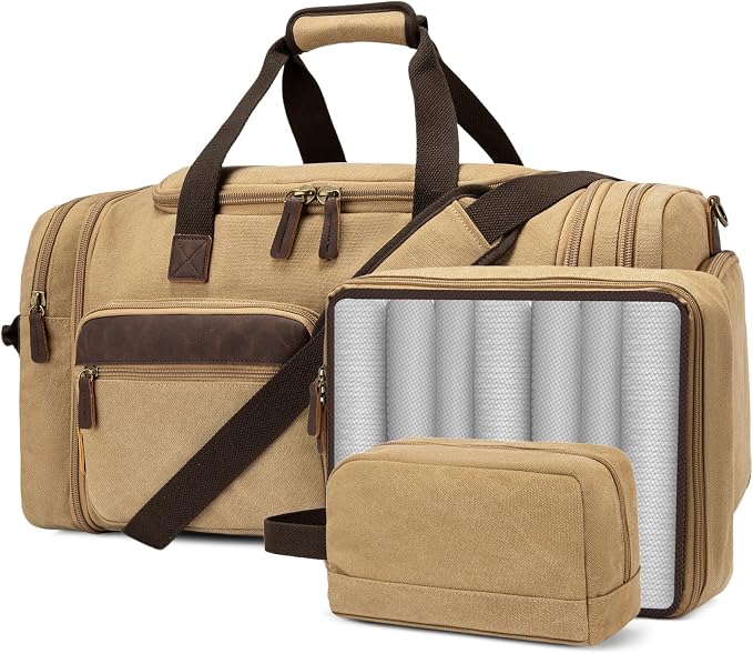Mens Duffle Bag for Travel, 60L Canvas Expandable Overnight Weekender Bag | Shoe Compartment, Carry-On Size, Multiple Pockets, Detachable Strap, Toiletry Bag & Packing Cube Include, Khaki by PPOBOW