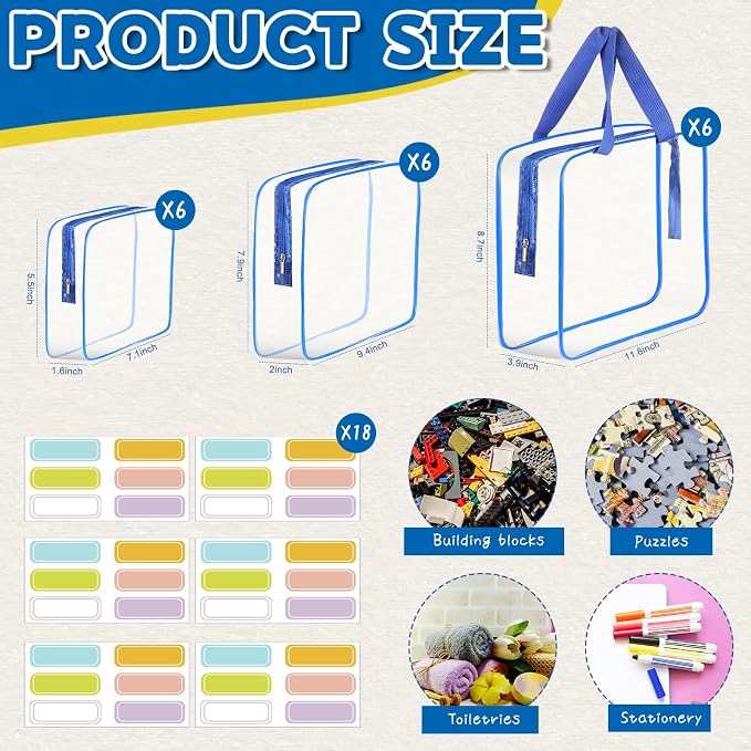 18 Packs Large Toy Storage Bags with Labels, Clear PVC Bags Travel Waterproof Kids Toy Organizer Bags with Zipper for Building Blocks Puzzle Kids Books (Blue-3 Size) - Image 2