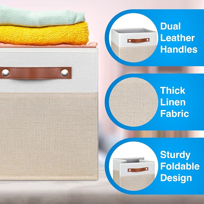 11 Inch Cube Storage Bin - 6 Pack - Linen Fabric 11x11 Cube Storage Bins for Bedroom, Living Room, Clothes and Toys; Foldable, Dual Leather Handles - Image 4