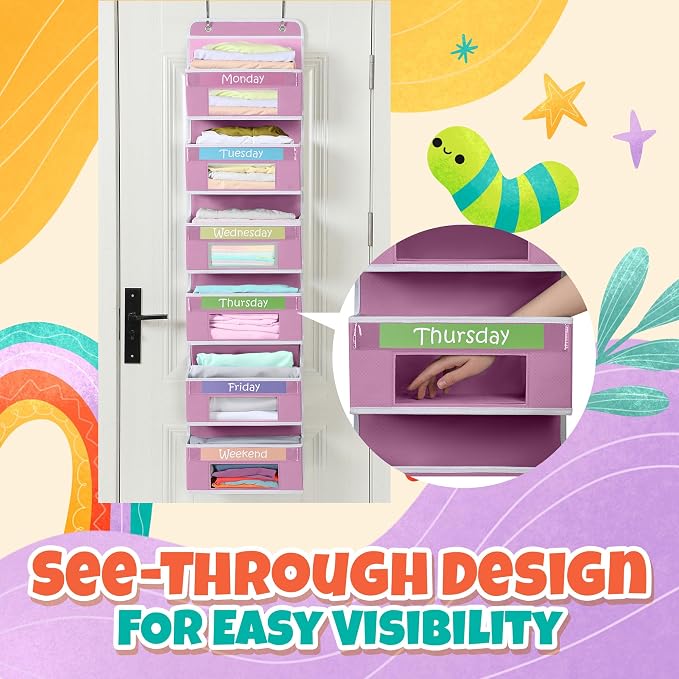 Weekly Clothes Organizer for Kids, Monday through Friday Clothing, 6 Shelf | Houseables Days of the Week Clothes Organizer, Kids Closet, Daily Outfit Storage, Weekday, M-F, School, Hanging, Over Door - Image 5