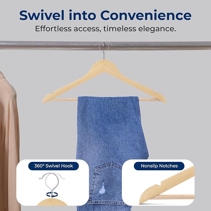 SereneLife 80-Piece Solid Wooden Hangers Set for Clothes – Heavy Duty Suit Coat Pant Dress Hangers with Chrome 360-Degree Swivel Hook and Notches Design for Organized Closets Natural Color - Image 6