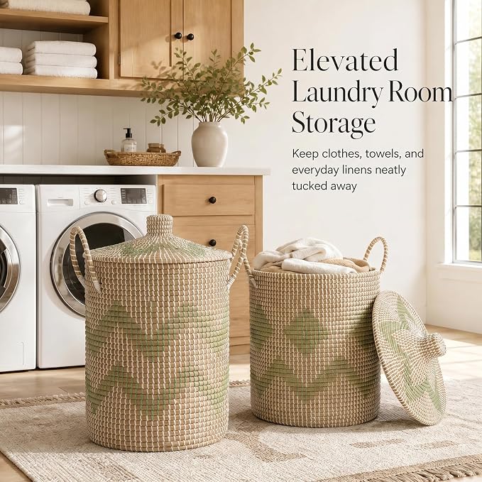 Sea Grass Storage Basket Set of 4, Handwoven Wicker Storage Organizer, Includes 2 Laundry Hampers with Lids, 2 Bins for Shelves and Removable Washable Liners for Bathroom, Bedroom, Laundry Room - Image 6