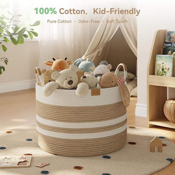 Nunsino 72L Woven Blanket Basket with Leather Handles, Cotton Rope Laundry Basket Hamper,Decorative Nursery Basket Toy Storage Basket for Kids, Living Room, Bedroom, Beige Stripes - Image 3