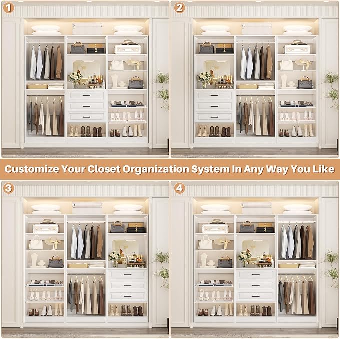 Unikito 75" Modular Closet System with 3 Sets, Mirror & Drawers, White | Hanging Rods & Adjustable Shelves, Freestanding Wood Wardrobe Garment Rack, Walk in Tower Clothes Storage Organizer Unit - Image 4