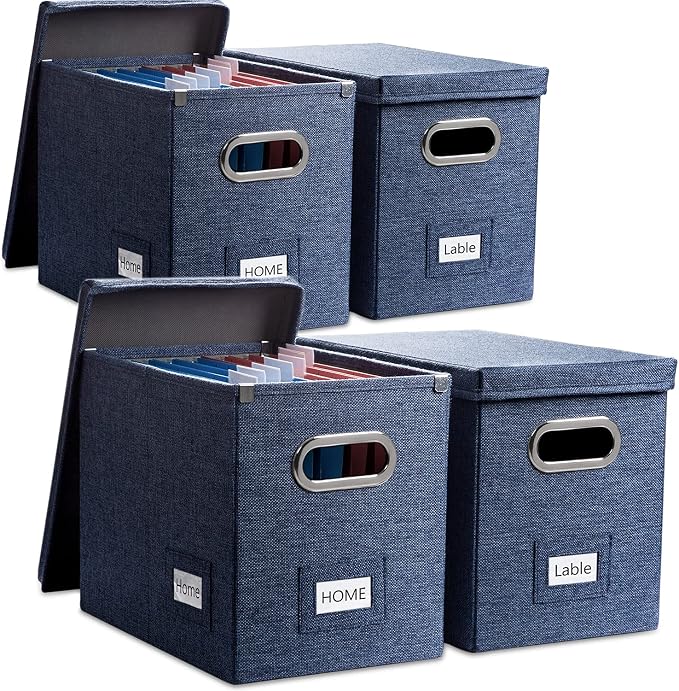 File Organizer Box - Set of 4 Collapsible Decorative Linen Filing Storage Hanging File Folders with Lids Office Cabinet Letter Size Navy Blue (14x9.3x10.8 inch) by Prandom