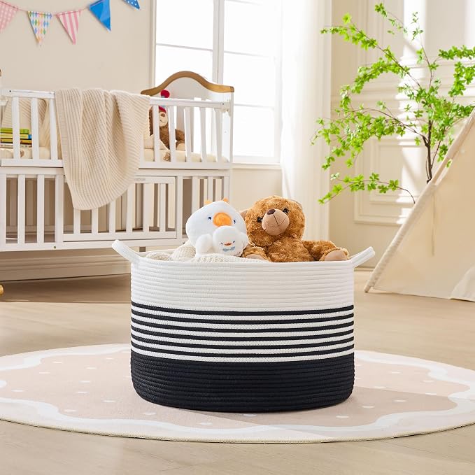 KAKAMAY Large Blanket Basket with Handles, Storage Basket for Living Room | Extra Large Capacity | Natural Cotton Rope | Blanket Storage | Woven Storage Basket | Stuffed Animal Storage | Laundry Basket - Image 2