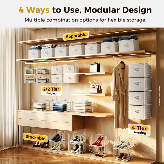 4 Tier Hanging Closet Organizer with 4 Drawers, White | Metal Hanging Shelves with 4 Hanging Hooks for Wardrobe Laundry Garage, No Sagging, Modular Design, Space Saving - Image 4