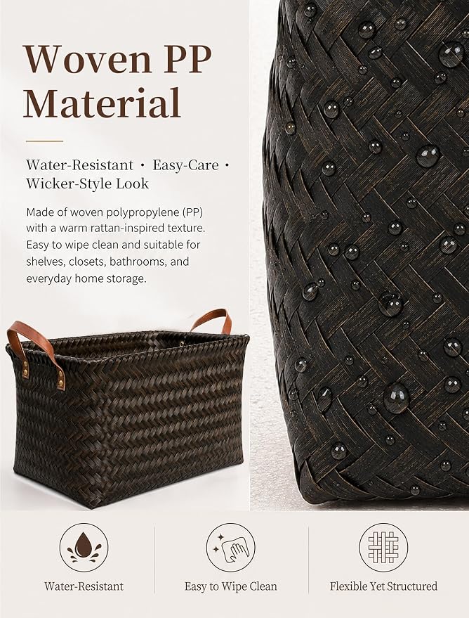 Wicker Storage Baskets, 4 Pack Woven Baskets for Shelves, Dark Gold | PP Rattan, Water-resistant Wicker Basket, Large Baskets with Faux Leather Handles for Blanket, Laundry Organizer, Room Decor - Image 3
