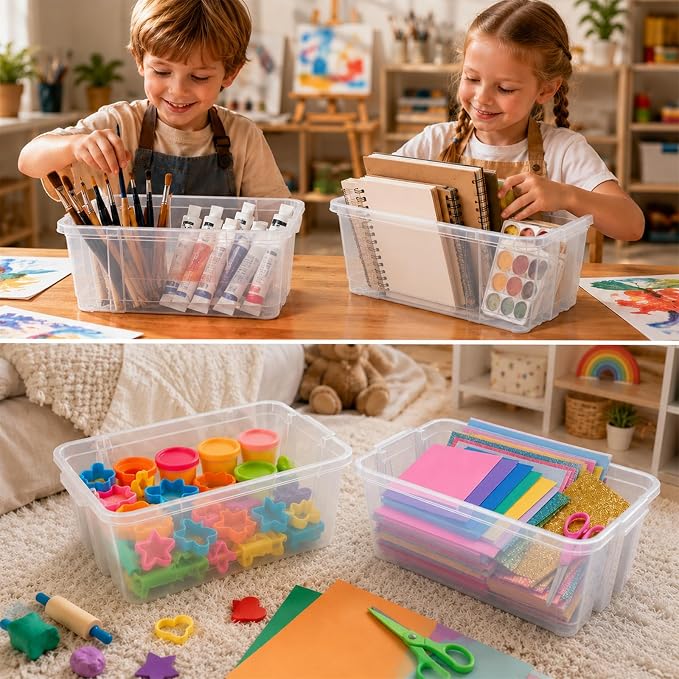 6 Pack Plastic Book Bins For Classroom Stackable Classroom Organizer with Handle Cubby Bins for School Library Office Home Nursery Playroom Organization(Clear) - Image 4