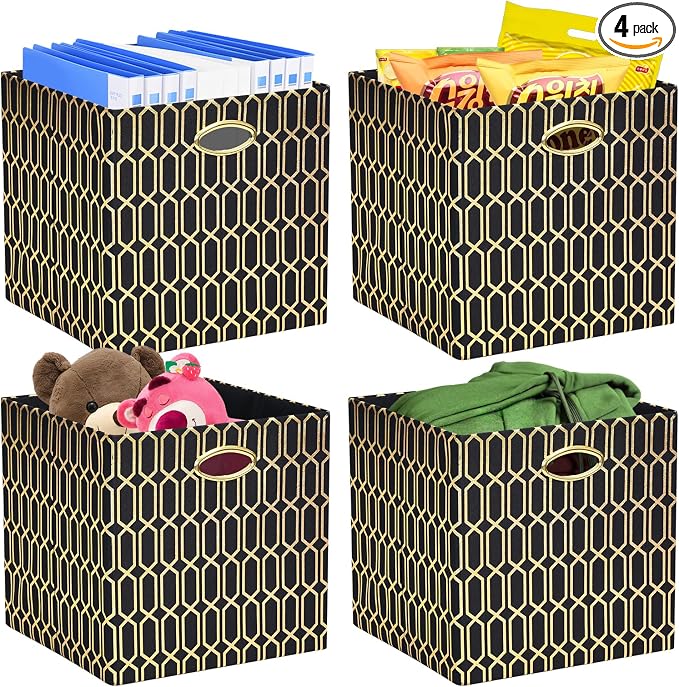 Posprica 11x11x11 Foldable Fabric Storage Cube Organizer Bins Cubby Baskets | Fabric Cubes 11×11 Collapsible Box with Handles Black Gold Geometric Pattern, 4 Pack by Posprica