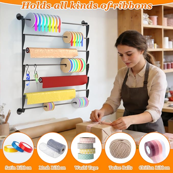 Ribbon Organizer, Wall Mounted Ribbon Holder Storage Rack with Activity Hooks, 7 Tier Metal Wrapping Paper Storage for Craft Room, Flower Shop, Cake Shop, Gift Wrapping Paper, Mesh Ribbon, Washi Tape - Image 3