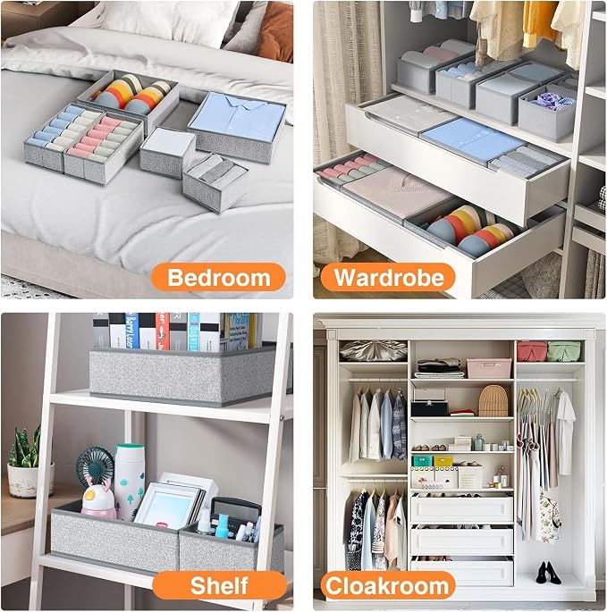 DIMJ Drawer Organiser System Underwear Organiser – Set of 15 Wardrobe Storage Box Cabinet, Changing Table Organiser, Fabric Boxes Storage for Clothes, Socks, Texture Grey - Image 6