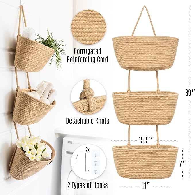 3-Tier Over the Door Hanging Basket (Set of 2) Adjustable, Detachable Woven Storage Baskets with Wall and Door Hooks - Decorative Boho Organizer for Nursery, Playroom, Bedroom, Kitchen, Apartment - Image 2