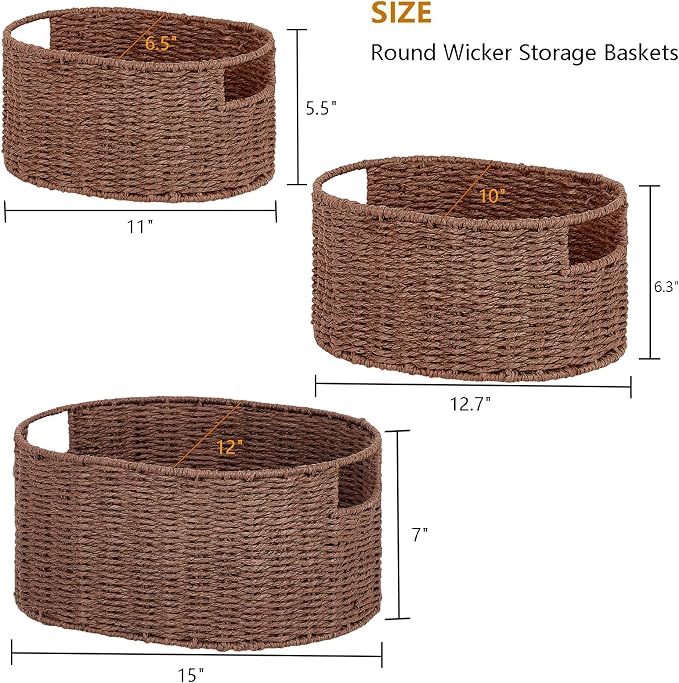 Wicker Storage Basket, Set of 3 Hand-woven Storage Baskets for Organizing, Round Large Wicker Baskets for Storage Decor, Pantry Storage Cubes Organization Baskets for Shelves, Brown - Image 2