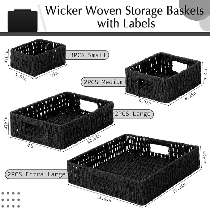 Marsui 9 Pcs Paper Rope Storage Baskets with Handle Labels Handwoven Multi-size Black Storage Bins for Organizing Small Baskets Container for Shelves Closet Pantry Toilet - Image 2