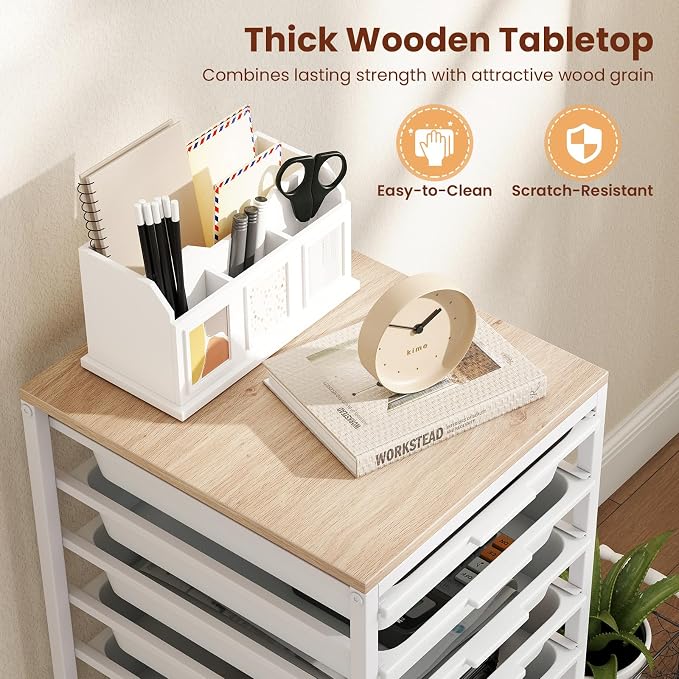 Giantex Rolling Storage Cart with 10 Drawers, Utility Cart w/Wooden Tabletop, Lockable Wheels, Multipurpose Organizer for Art Craft Books Paper, Drawer Carts for Dorm Classroom Office, White - Image 7