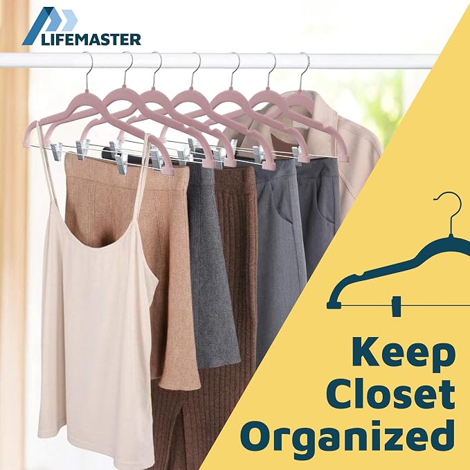 Lifemaster Velvet Pants Hangers – with Adjustable Clips, 360 Degree Swivel Hook, and Non-Slip Shoulder Notch, Holds Up to 10 lbs, for Organizing Skirt, Pants, Dress, and Clothes, Pack of 20, Pink - Image 9