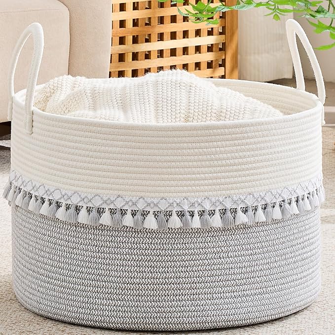 KAKAMAY Large Blanket Basket with Handles, Storage Basket for Living Room | Extra Large Capacity | Natural Cotton Rope | Blanket Storage | Woven Storage Basket | Stuffed Animal Storage | Laundry Basket by KAKAMAY