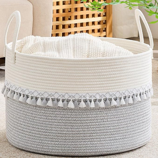 KAKAMAY Large Blanket Basket with Handles, Storage Basket for Living Room | Extra Large Capacity | Natural Cotton Rope | Blanket Storage | Woven Storage Basket | Stuffed Animal Storage | Laundry Basket by KAKAMAY