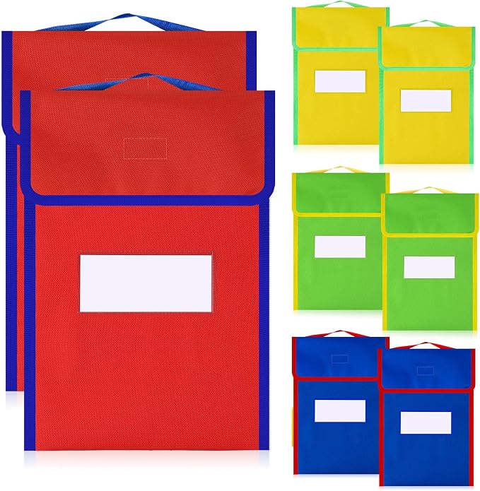 8 Pcs Large Book Bags for Classroom Book Pouches Bulk for Student Kids School 12 x 15 Inch Nylon Reading Bags with Clear Name Tag and Handle by Buryeah