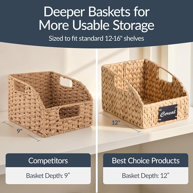 Best Choice Products Pantry Baskets for Organizing, Wicker Basket w/Built-in Handles, Handwoven Wicker Storage Baskets for Shelves, Water Hyacinth, 2-Pack - Natural - Image 4