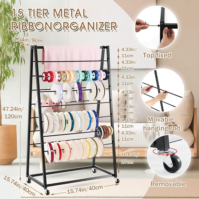 15 Tier Metal Ribbon Organizer Movable Ribbon Holder for Craft - Image 2