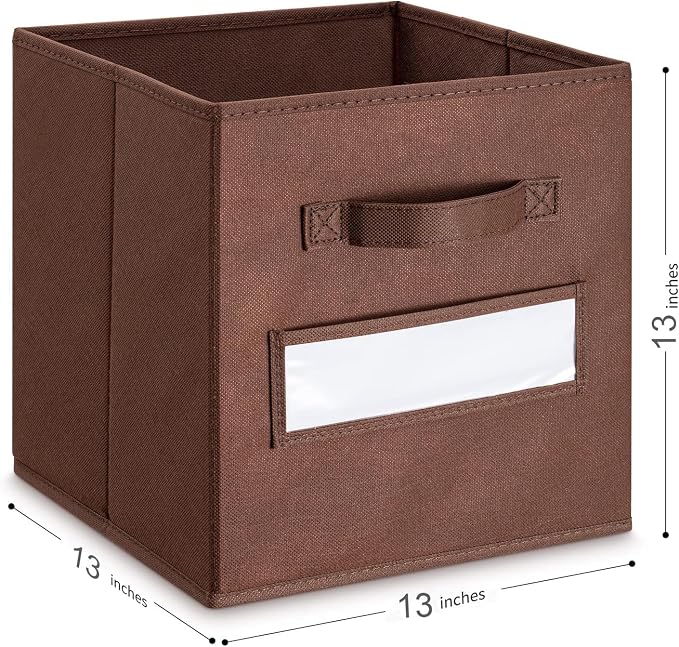 13x13x13 storage cube bins (Set of 10) Fabric storage cubes with 10 Labels Window Cards & a Pen, storage cubes 13x13, Collapsible 13 inch cube storage bins, Cubby Organizer Boxes, Brown - Image 3