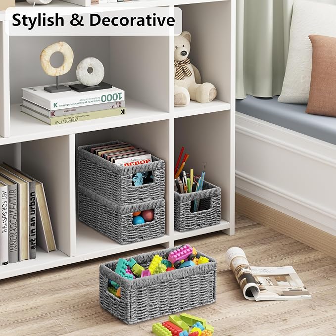 Wicker Storage Basket, Set of 2 Hand Woven Wicker Baskets for Organizing with Handles, Decorative Small Storage Bins for Countertop Toilet Paper Basket for Toilet Tank Top Shelves, Grey - Image 4