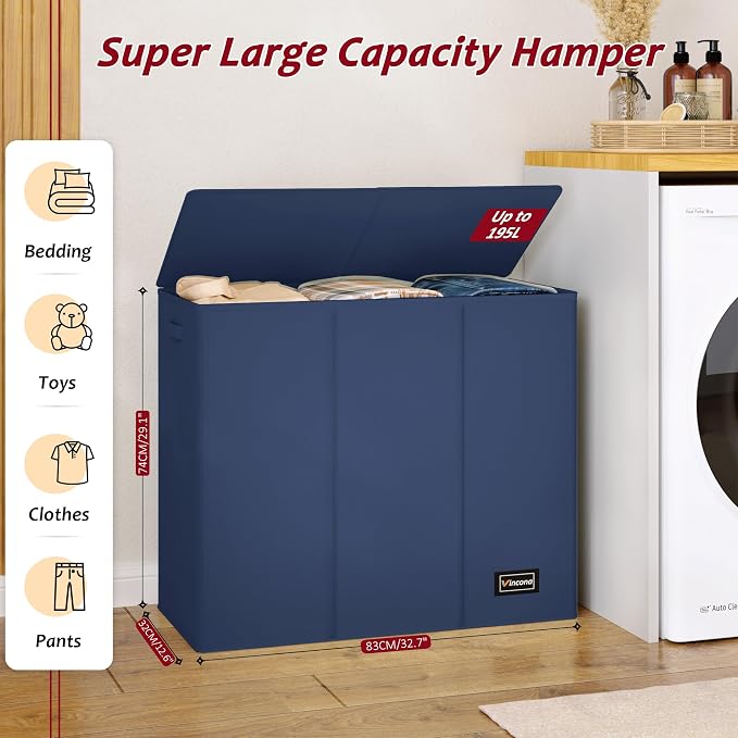 195L Laundry Hamper 3 Section,Large Laundry Hamper with Lid,Dirty Clothes Hamper with 3 Inner Bags,Collapsible Laundry Basket Organizer for Laundry Room,Laundry Sorter Hamper 3 Compartment(Blue) - Image 2