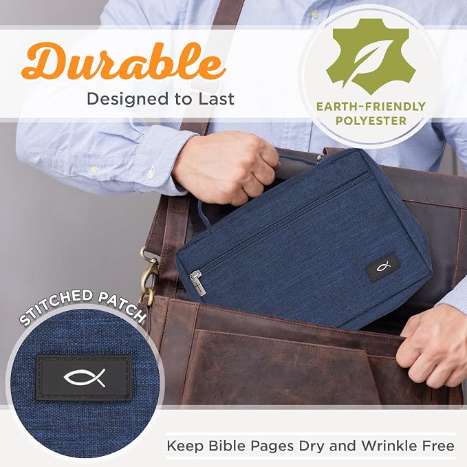 Christian Art Gifts Polyester Bible Cover for Men & Women w/Jesus Fish Patch, Zipper Pocket, Pen Loops, Easy Carry Book Case for Stationery, Accessories, Navy Blue, Small - Image 3